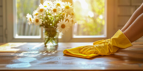 Sunny Home Cleaning with Yellow Gloves