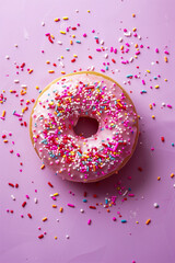 Frosted sprinkled donut. One isolated doughnut with sprinkles isolate on lavender purple background 