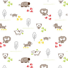Cute friends lion, elephant, donkey, camel, teddy bear, turtle,footprints and trees pattern