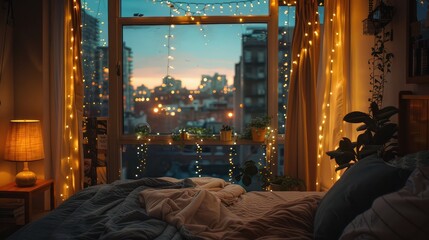 Calm Bedroom Interior with Ambient Lights and Large Window Overlooking the Sunset on an Evening City View.