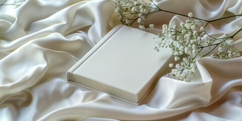 Delicate dried flowers cast a soft shadow over a plain book on elegant silk fabric
