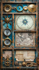screenshot of maritime items on a wooden table including a compass, astrolabe, blank map, and blank pieces of parchment; in the style of narrative paneling