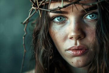 Portrait of woman Jesus Christ with crown of thorns on his head. Photorealistic portrait