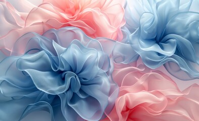 Abstract Blue, Pink, and White Floral Pattern on White Background with Delicate Blossoms and Petals