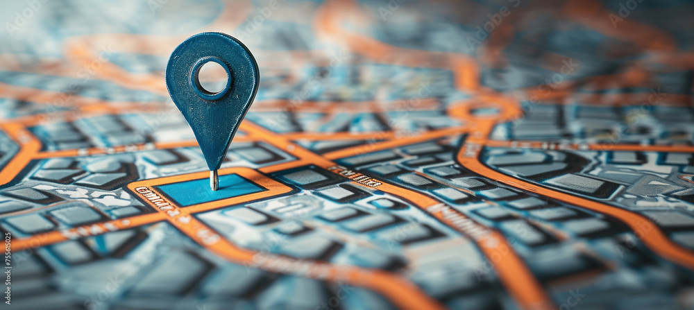 Poster location marking with a pin on a map with routes