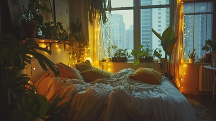 Soft Interior Bedroom with Plants, Fairy Lights, and City View.