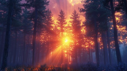 A forest with a sun shining through the trees, AI