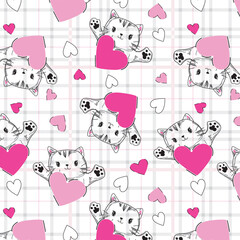 Cute cats pattern with hearts on plaid pattern