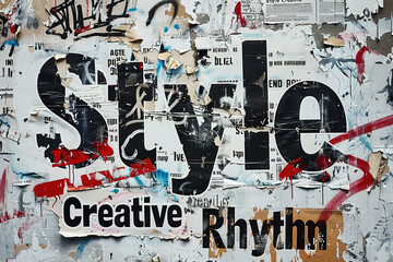 Obraz premium Collage on a white Background, with black typographic elements such as advertising inscriptions in the style of 