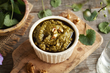 Pestomade of fresh young garlic mustard leaves - a wild edible plant harvested in early spring