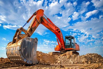 Detailed shot of excavator bucket in action against the sky