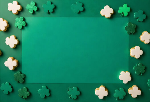 st patricks day cookie frame with shamrock leaves on green background