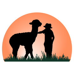 Fototapeta premium Children and pets silhouettes on yellew background. Little boy playing with llama. Vector illustration. 