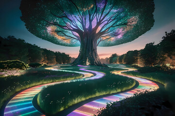 A futuristic garden at twilight, where glowing paths meander gracefully beneath a majestic, glowing tree.
