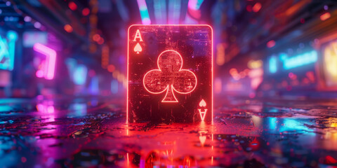 Artistic neon-lit ace of clubs card standing amidst a vibrant cityscape