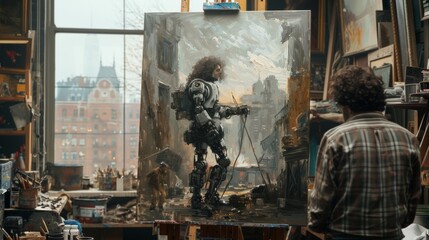 A man standing in front of a painting that is being painted, AI