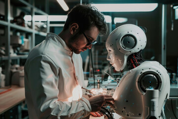 A robotics engineer programming a robot