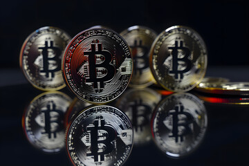 Bitcoin. Cryptocurrency. Physical bit coin. Digital currency. Cryptocurrency. Golden coin with bitcoin symbol on black background.Gleaming Bitcoin Coins: A Symbol of Digital Wealth