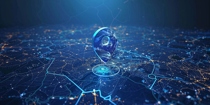 Location marking with a pin on a map with routes