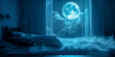 Surreal bedroom with full moon view, ethereal clouds, and ambient lighting