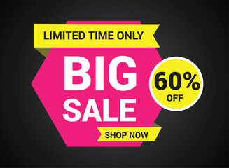 Big sale banner template design, Limited time. Up to 60% off, vector illustration.