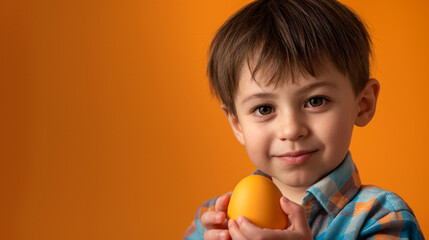 Cute little boy holding Easter egg. Isolated on orange background