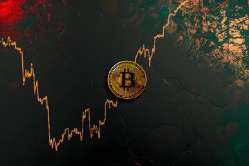 Bitcoin cryptocurrency on a dark background. Digital currency. Cryptocurrency.Golden Bitcoin Amidst Fluctuating Market Graphs