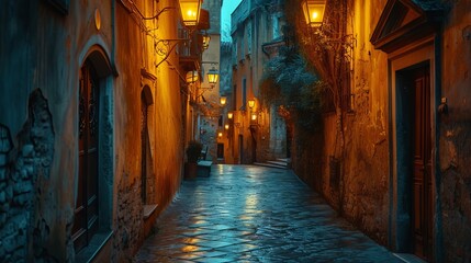 Evening lights cast a warm glow on the wet cobblestones of a narrow alley in a historic Italian town, flanked by old buildings - obrazy, fototapety, plakaty