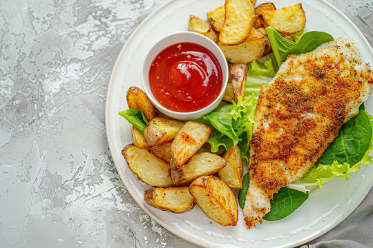 Fried fish fillet with Fried potatoes with ketchup and lettuce leaves. Image for cafe menu, Banner