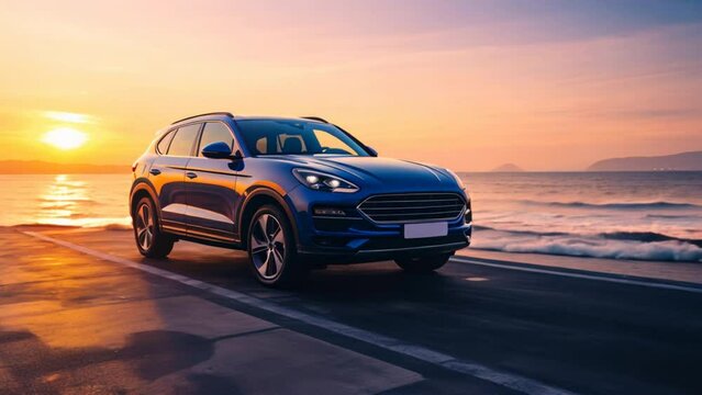An SUV with a sporty and modern design is parked on a concrete road by the sea at sunset.