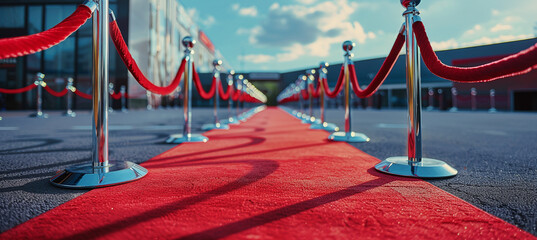 empty elegant red carpet with velvet ropes for VIPs - obrazy, fototapety, plakaty
