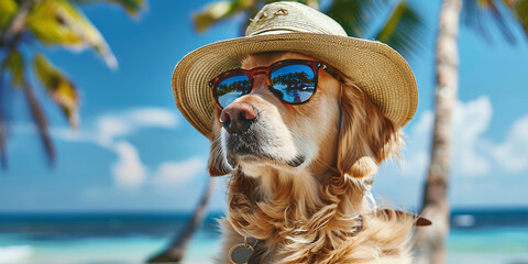 A dog in a straw hat and sunglasses on the beach against a background of blue sky and palm trees. - obrazy, fototapety, plakaty