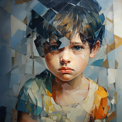 A work of cubist art that conveys the sad look of a child among abstract forms