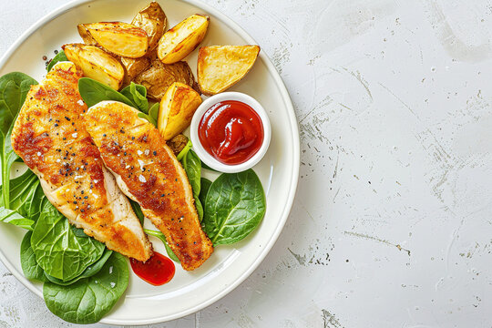 Fried fish fillet with Fried potatoes with ketchup and lettuce leaves. Image for cafe menu, Banner