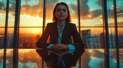 Young businesswoman is sitting in her office. Luxurious office on the top floor