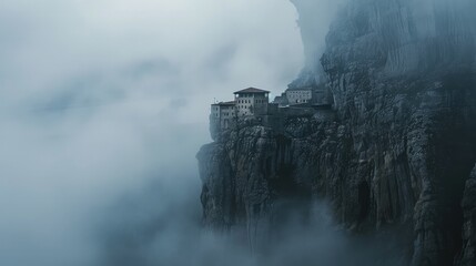 Ancient Sanctuary on Misty Cliffside in Foggy Mountains.