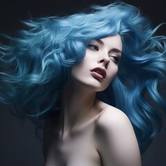 Dramatic portrait of a woman with luxurious wavy blue hair billowing around her, her eyes half-closed in a moment of tranquil beauty