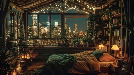 Cozy Book Filled Bedroom with Night City View and Ambient String Lights.