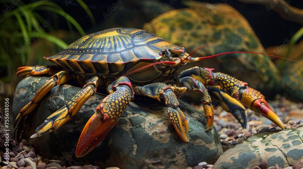 Canvas Prints a large turtle and crab chimera sitting on top of a rock in an aquarium, ai