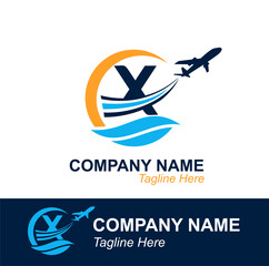 Letter X with Wave and Flying Plane for Travel Agency Logo. Vector Design Logo for travel transportation label, tourism, flight company advertising