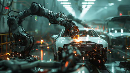 Fototapeta premium High-tech robotic arm performing precision welding on a car assembly line in an automotive factory.