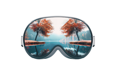 Virtual reality glasses with surreal reflection of autumn fall nature.