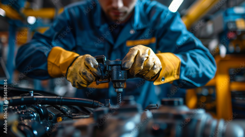 Poster close-up of a mechanic's hands using a tool to fine-tune the components of an engine, highlighting m