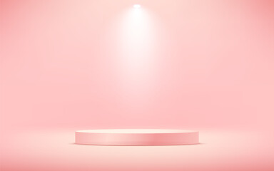 Pink cylinder pedestal podium. Abstract studio room platform design. Empty room with spotlight effect. Use for product display presentation, cosmetic display mockup, showcase, media banner, etc.