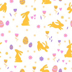 Cute hand drawn Easter seamless pattern with bunnies, flowers, easter eggs, beautiful background, great for Easter Cards, banner, textiles, wallpapers