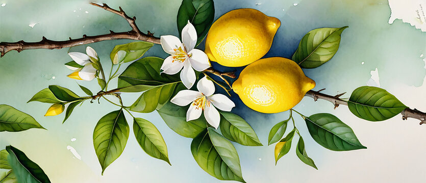 Lemons on a branch. Watercolor illustration of lemon tree branch with flowers and lemons.