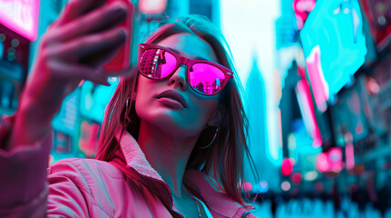 Woman blogger taking selfie in the city - obrazy, fototapety, plakaty
