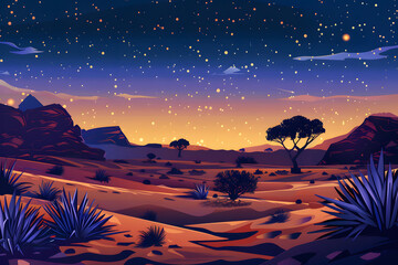 Magische Wüste: Sternenklare Nachtlandschaft - obrazy, fototapety, plakaty
