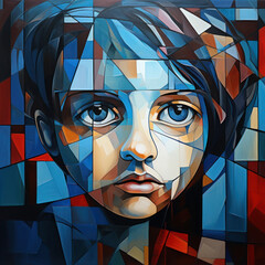 Cubist child's visage with a thoughtful stare
