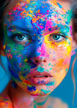 Beautiful woman with an vibrant colorful paints on her face, rainbow colours